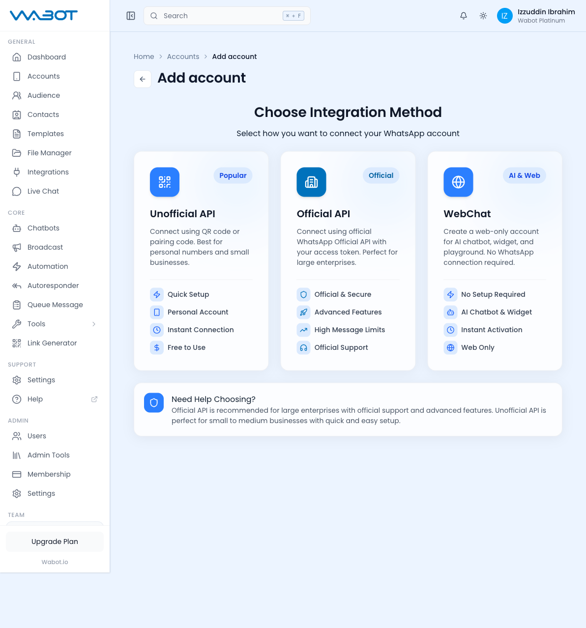 Add Account — Choose Integration Method