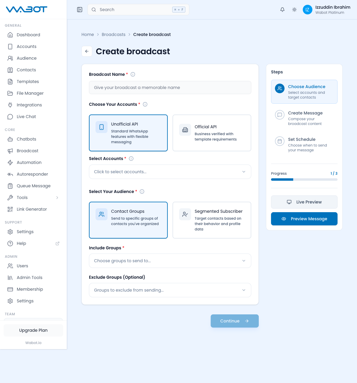 Broadcast Wizard — Step 1: Choose Audience